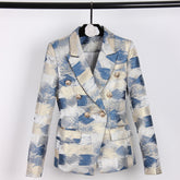 Silver and Blue Checkered Double Breasted Elegant Women Blazer - FashionByTeresa